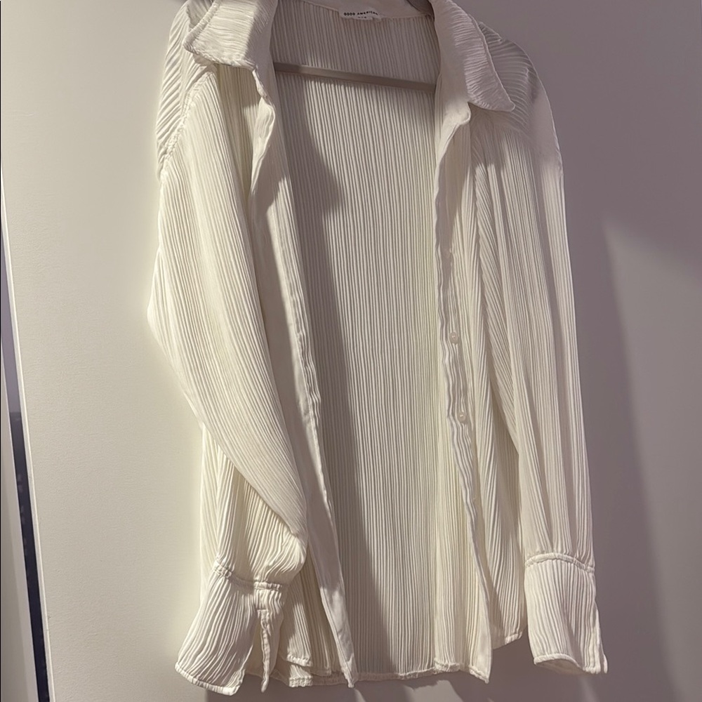 Good American Cream Ribbed Long Sleeve Button Down